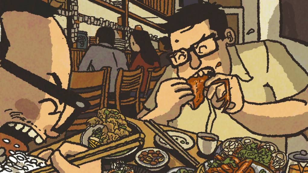 Illustration: Two men devouring a table full of Cantonese dishes, including roast squab, fried soft-shell crabs, and a pork chop rice bowl.